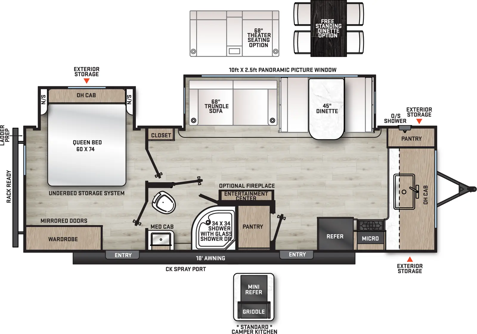 The Catalina Legacy Edition 263FKDS floorplan has two entries and two slide outs. Exterior features include: metal exterior, 18' awning and outside kitchen. Interiors features include: front kitchen, free-standing dinette option and rear bedroom.